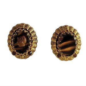 Vintage signed West Germany gold root beer cameo clip on earrings